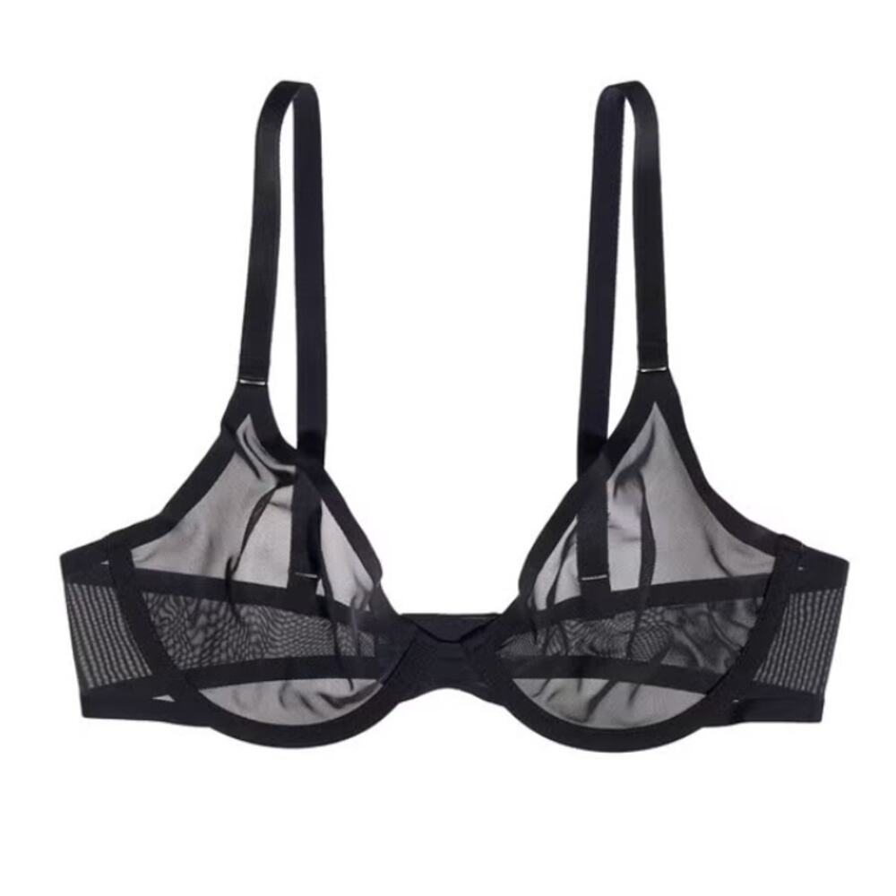 CUUP Black Mesh Sheer Plunge Bra 36D